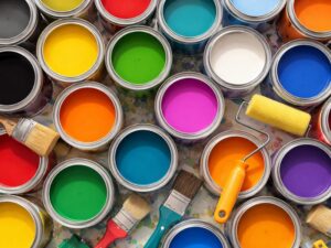 様々な色の塗料缶と並んだハケとローラー