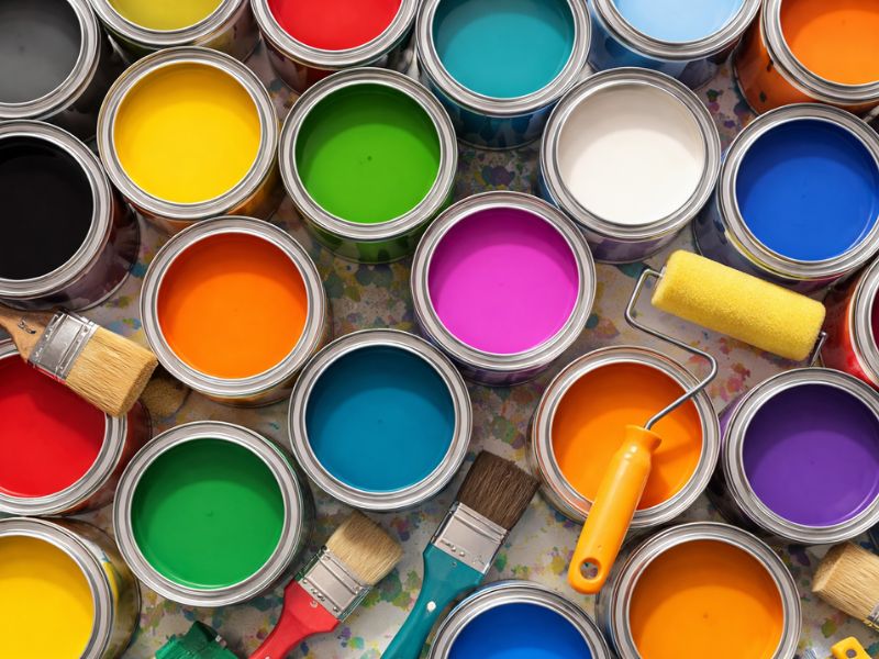 様々な色の塗料缶と並んだハケとローラー